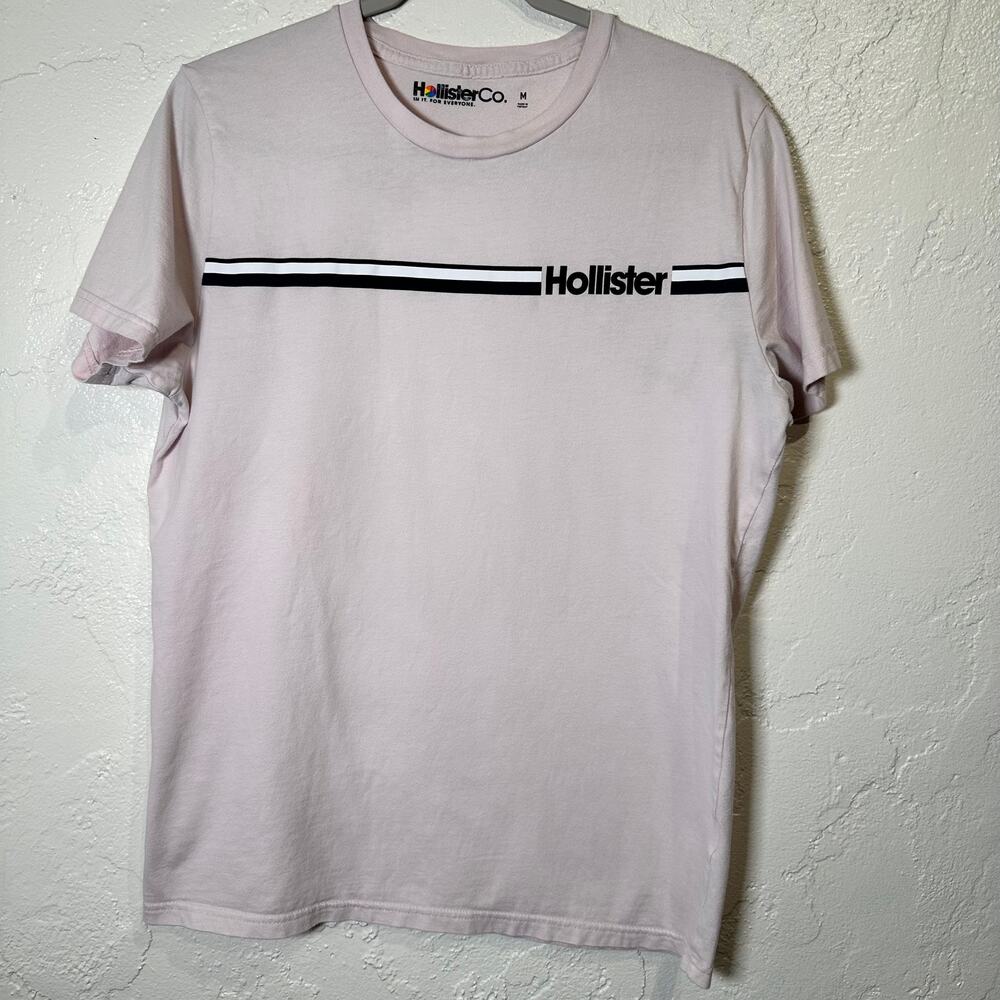 Hollister Mens Medium Light Pink T-Shirt Logo Pride Emb. Rainbow Circle Sleeve